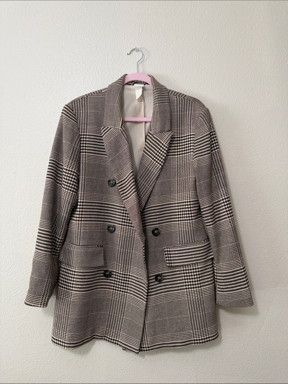 H&M Double-Breasted Plaid Blazer - Taupe & Black